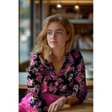 Katoen Satijn Stof Bloemen - Zwart