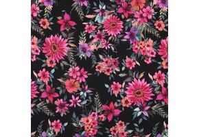 Katoen Satijn Stof Bloemen - Zwart