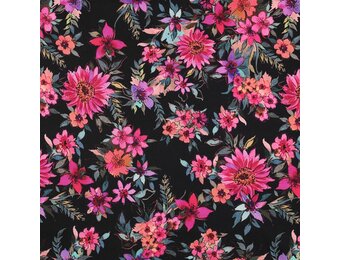 Katoen Satijn Stof Bloemen - Zwart