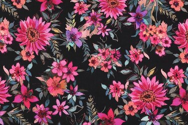 Katoen Satijn Stof Bloemen - Zwart