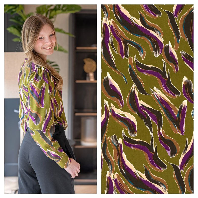Viscose Poplin Stof Bedrukt - Kaki Groen