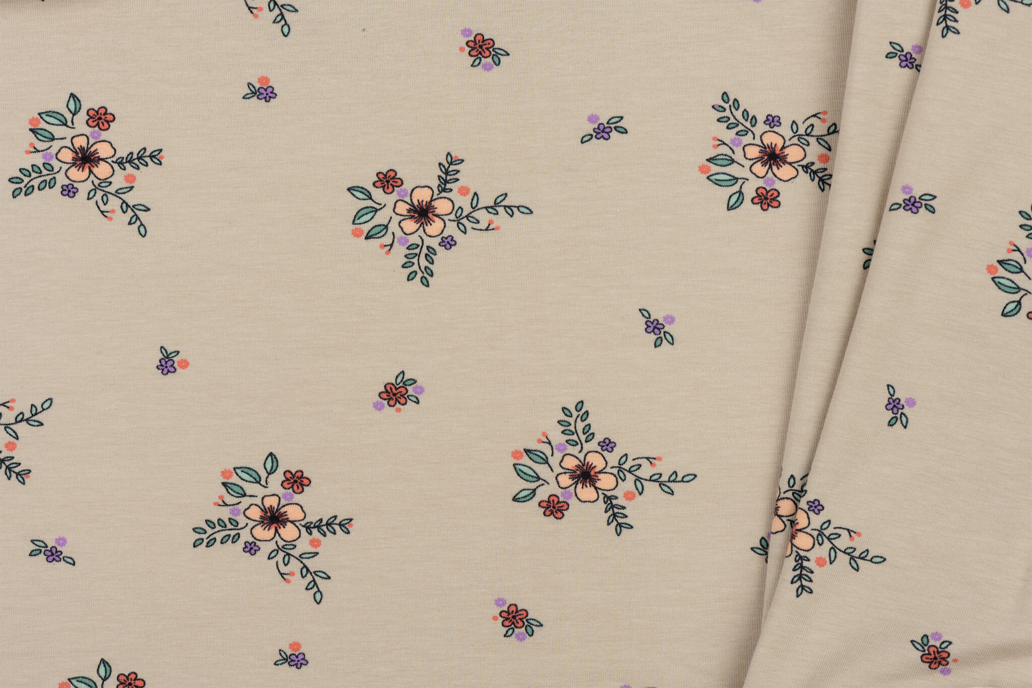 Organic Jersey Katoen Stof Digitale Print - Bloesem Beige