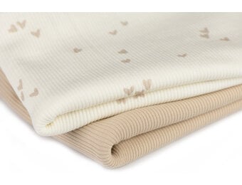 Rib Jersey Stof Bedrukt - Onregelmatige Hartjes Licht Beige