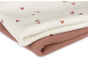 Rib Jersey Stof Bedrukt - Onregelmatige Hartjes Klei Roze