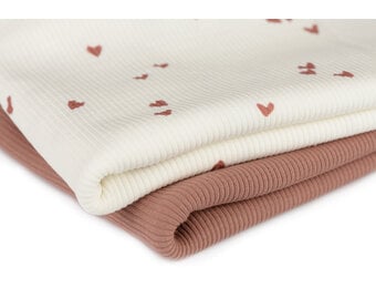 Rib Jersey Stof Bedrukt - Onregelmatige Hartjes Klei Roze