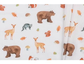 Katoen Poplin Stof Digitale Print - Woud Vrienden - Wit