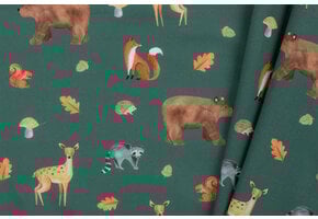 Katoen Poplin Stof Digitale Print - Woud Vrienden - Donkergroen
