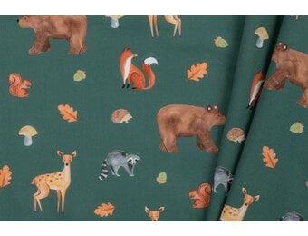 Katoen Poplin Stof Digitale Print - Woud Vrienden - Donkergroen