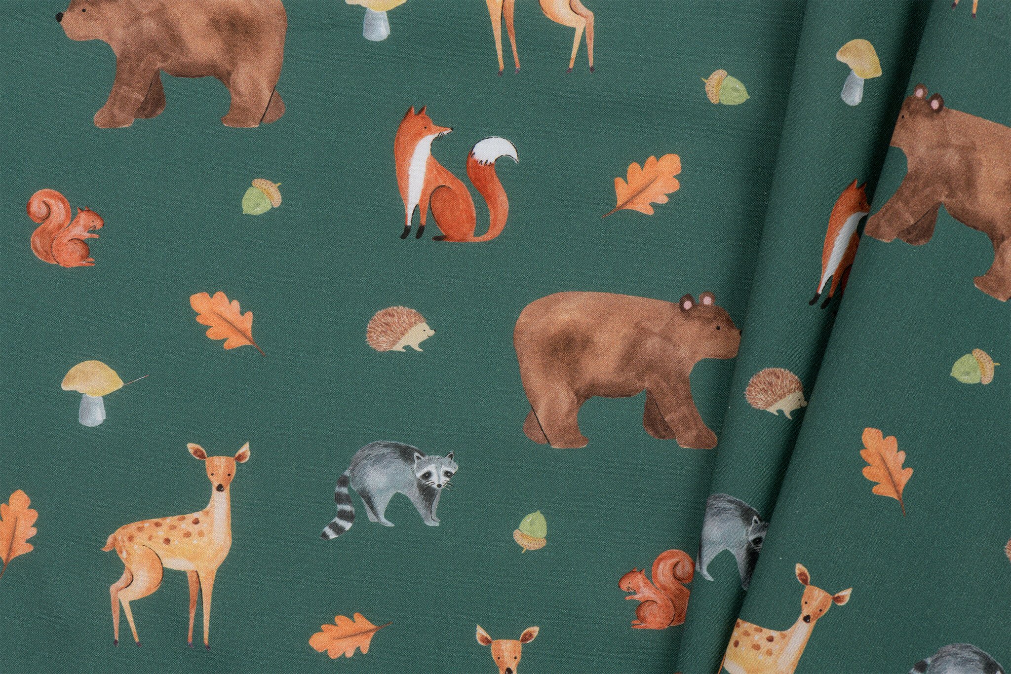 Katoen Poplin Stof Digitale Print - Woud Vrienden - Donkergroen