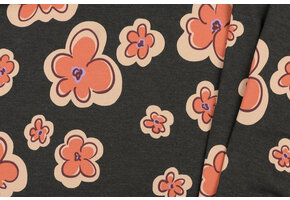 Jersey Katoen Stof Bloemen - Antraciet Melange