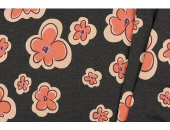 Jersey Katoen Stof Bloemen - Antraciet Melange