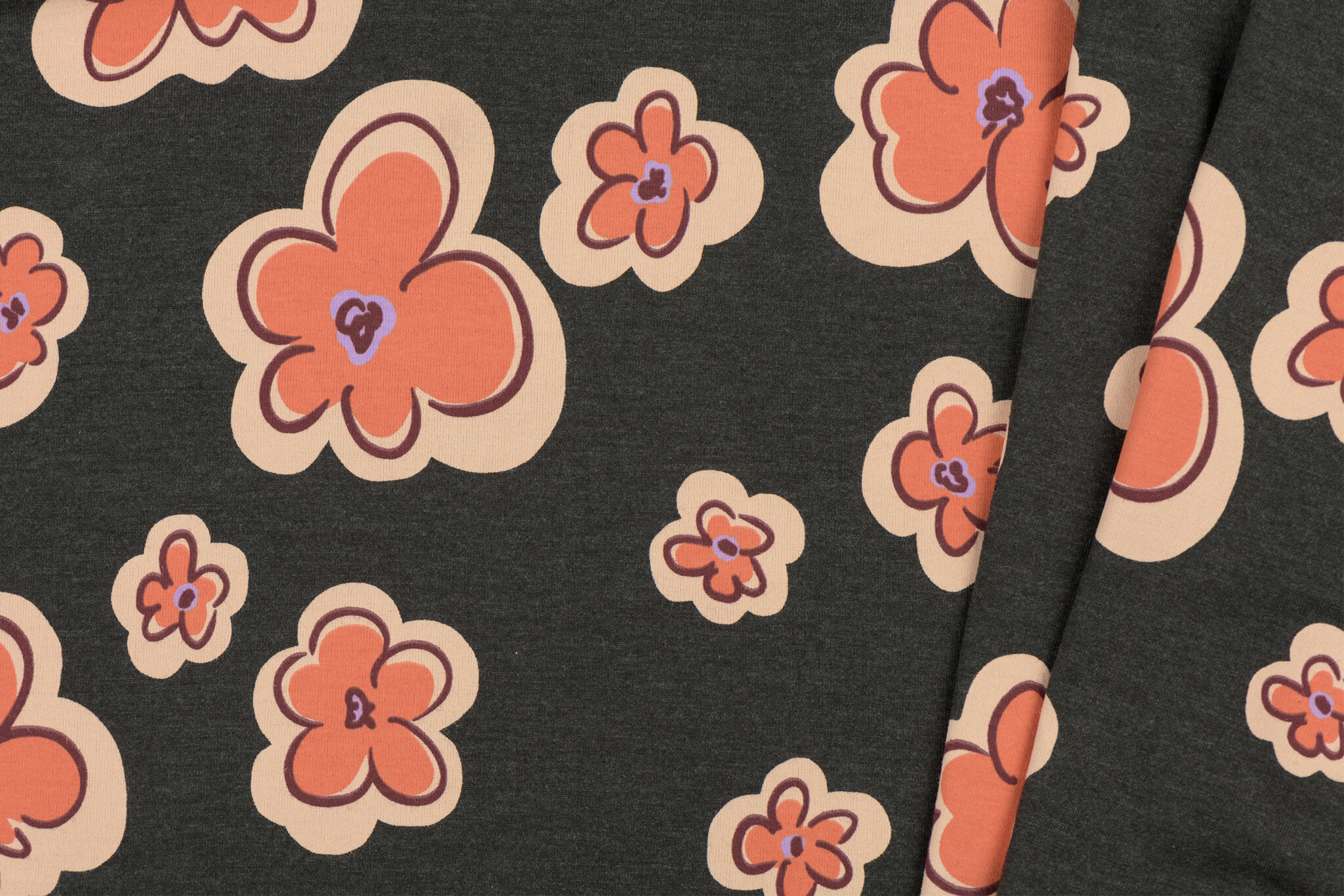 Jersey Katoen Stof Bloemen - Antraciet Melange