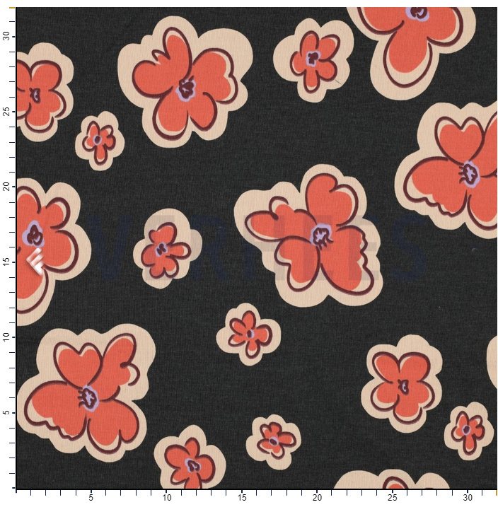 Jersey Katoen Stof Bloemen - Antraciet Melange