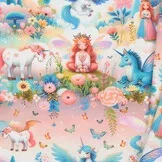 Jersey Katoen Stof Digitale Print Eenhoorn - Blauw