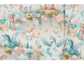 Jersey Katoen Stof Digitale Print Eenhoorn - Ecru