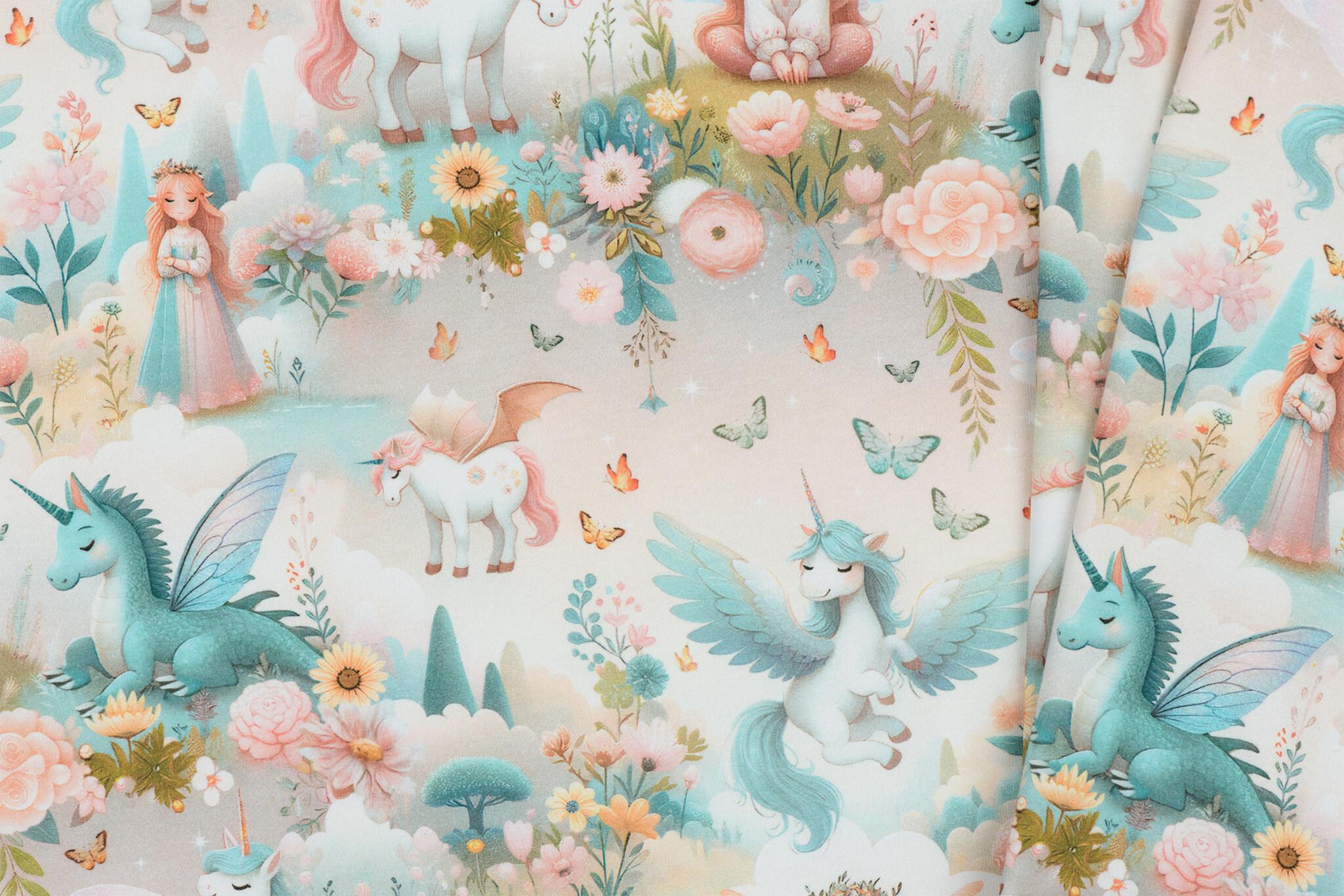 Jersey Katoen Stof Digitale Print Eenhoorn - Ecru