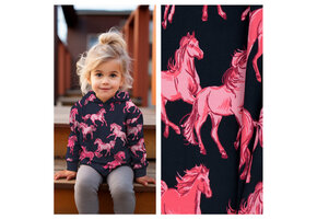 French Terry Stof Digitale Print - Paarden Donkerblauw