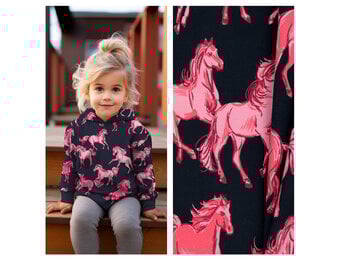 French Terry Stof Digitale Print - Paarden Donkerblauw