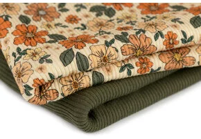 Rib Jersey Stof - Groen Herfst Bloem