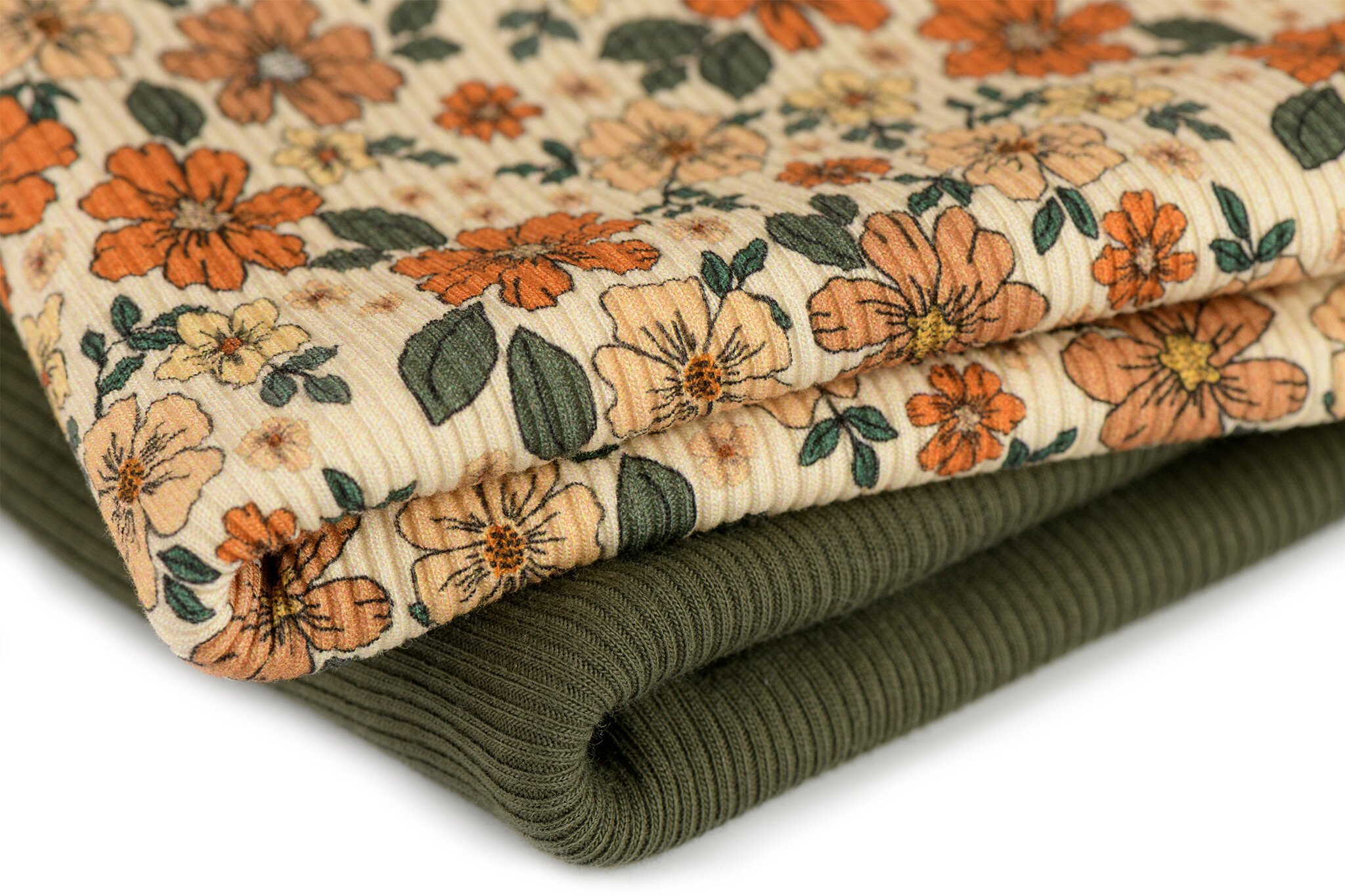 Rib Jersey Stof - Groen Herfst Bloem