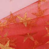 Rode Tule Stof met Gouden Glitter Sterren