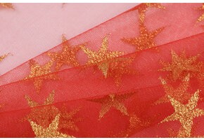 Rode Tule Stof met Gouden Glitter Sterren