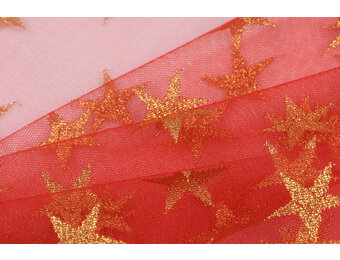 Rode Tule Stof met Gouden Glitter Sterren