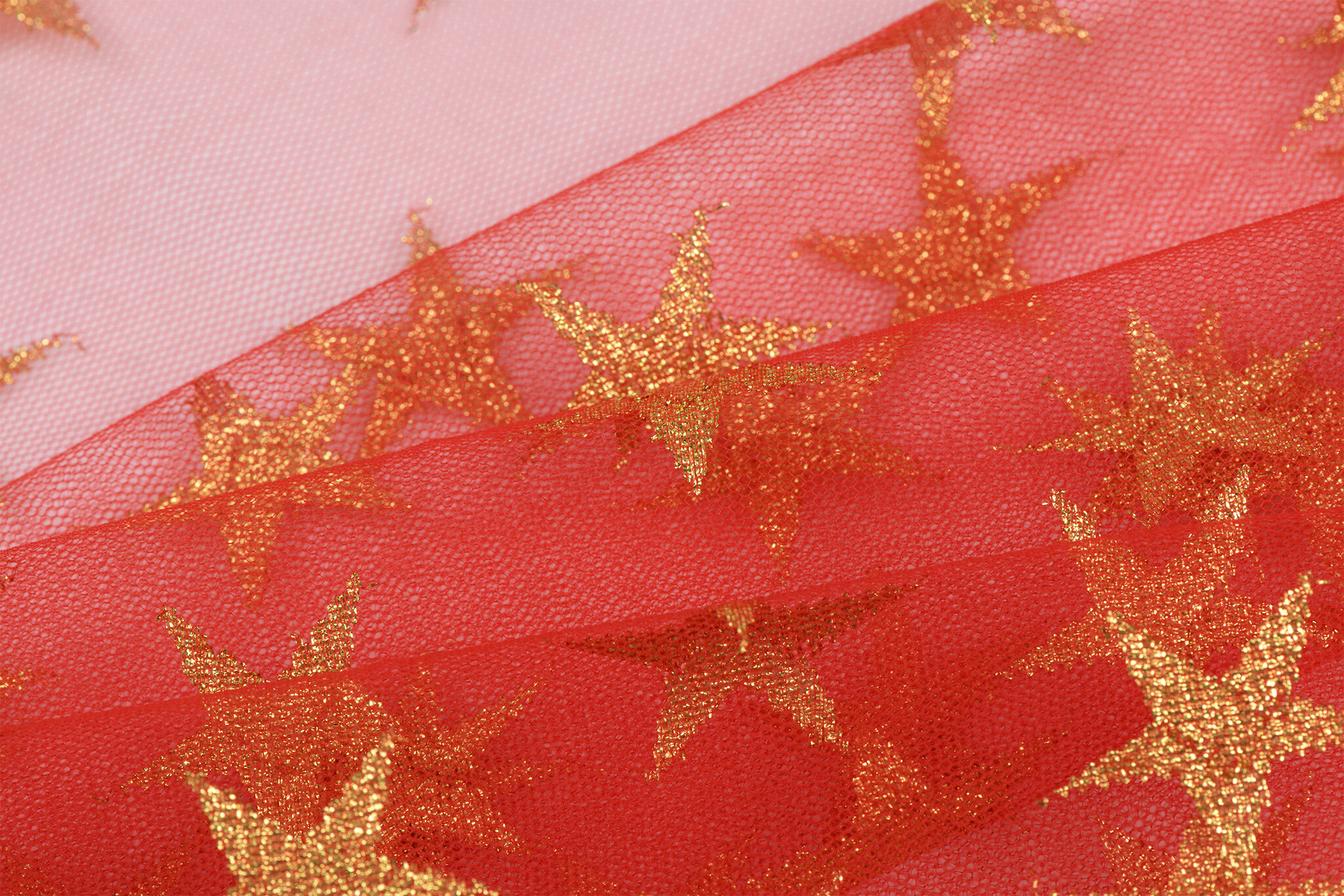 Rode Tule Stof met Gouden Glitter Sterren