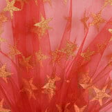 Rode Tule Stof met Gouden Glitter Sterren