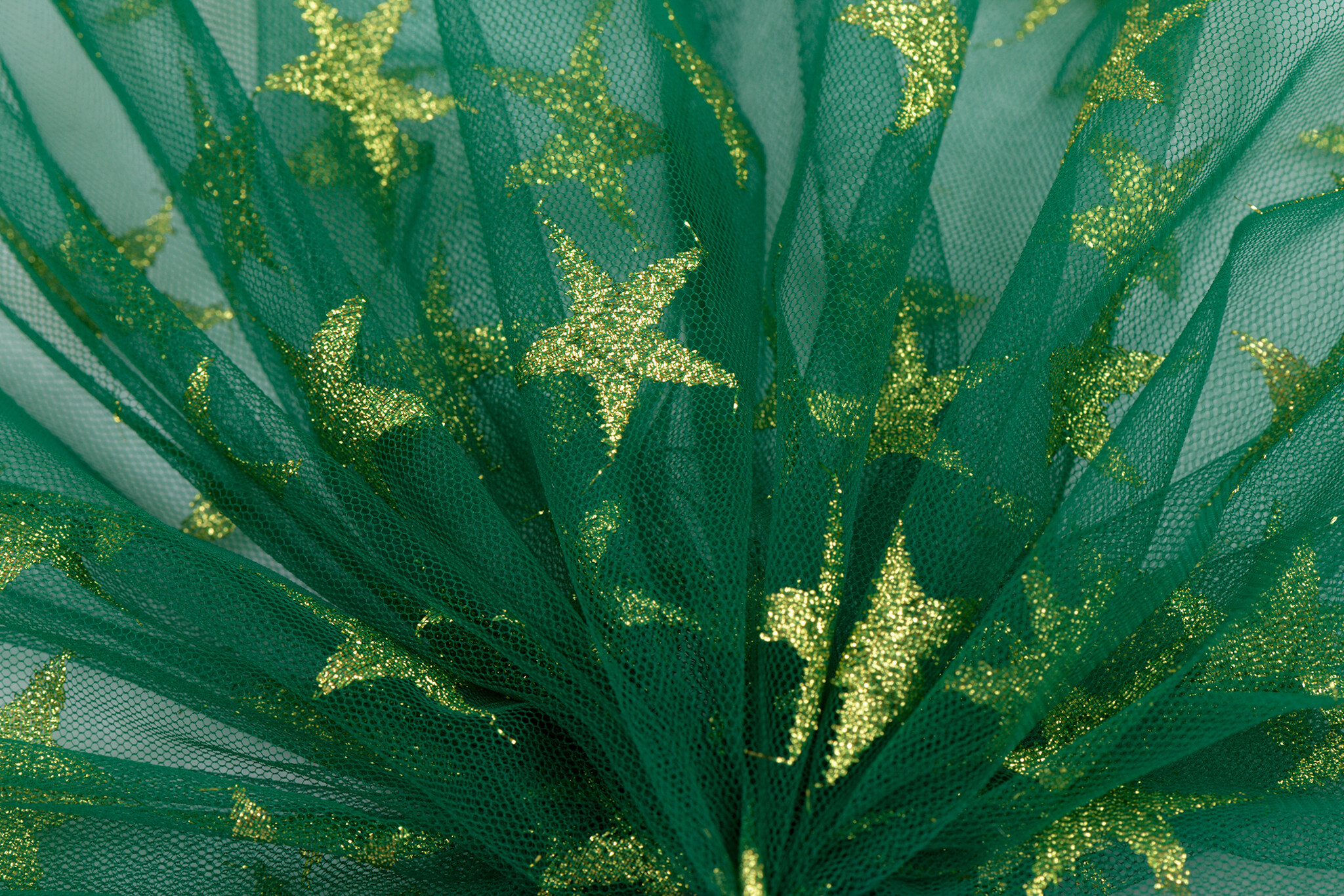 Groene Tule Stof met Gouden Glitter Sterren
