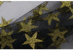 Zwarte Tule Stof met Gouden Glitter Sterren
