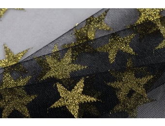 Zwarte Tule Stof met Gouden Glitter Sterren
