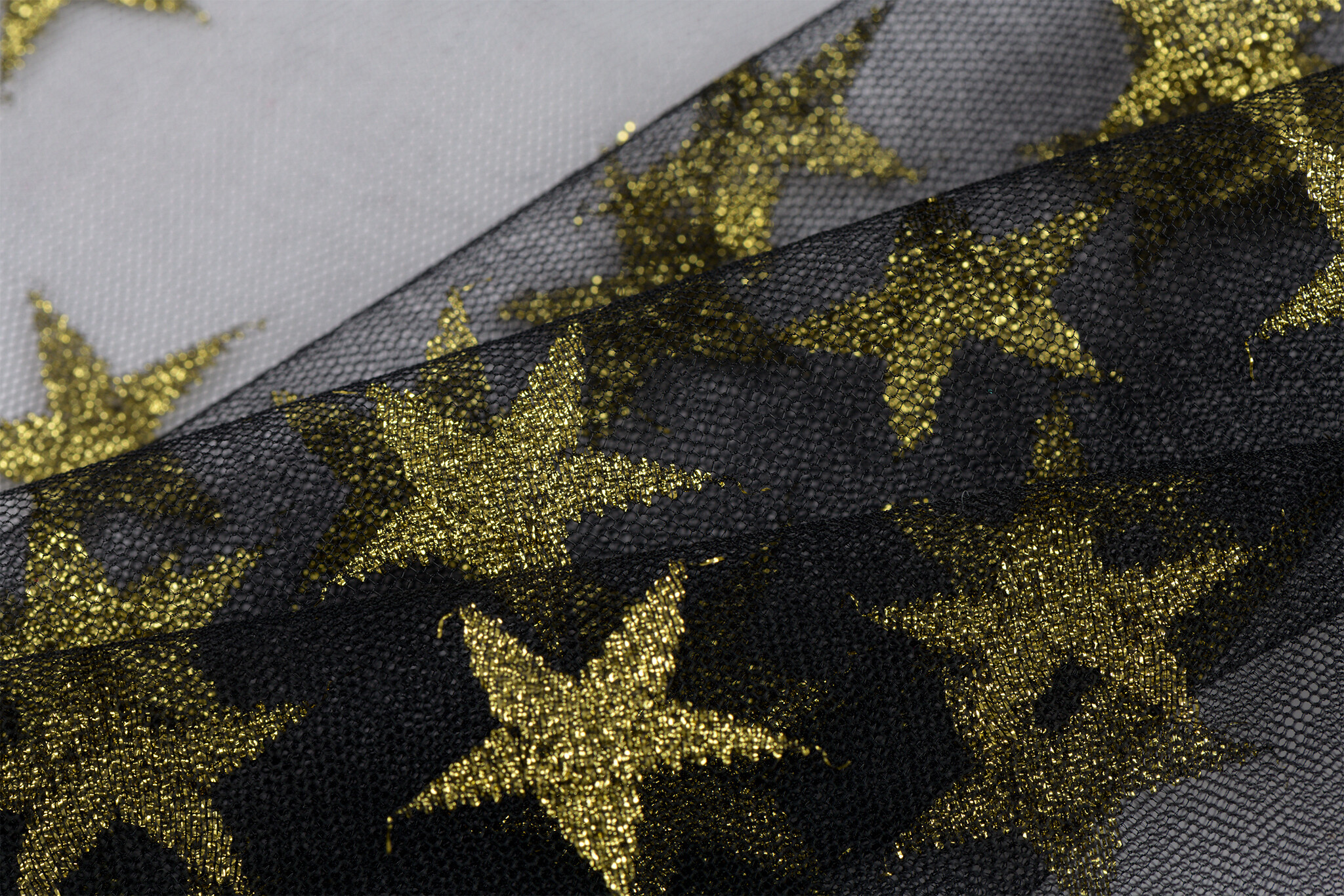 Zwarte Tule Stof met Gouden Glitter Sterren