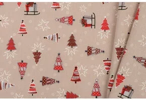Katoen stof kerstbomen en sterren beige