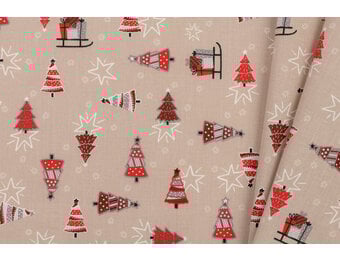 Katoen stof kerstbomen en sterren beige