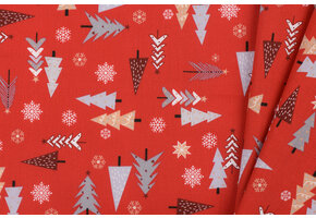 Katoen stof kerstbomen en sterren rood