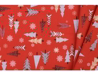 Katoen stof kerstbomen en sterren rood