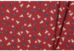 Katoen stof kerstbomen en sterren donker rood