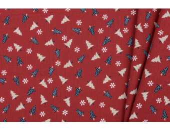 Katoen stof kerstbomen en sterren donker rood