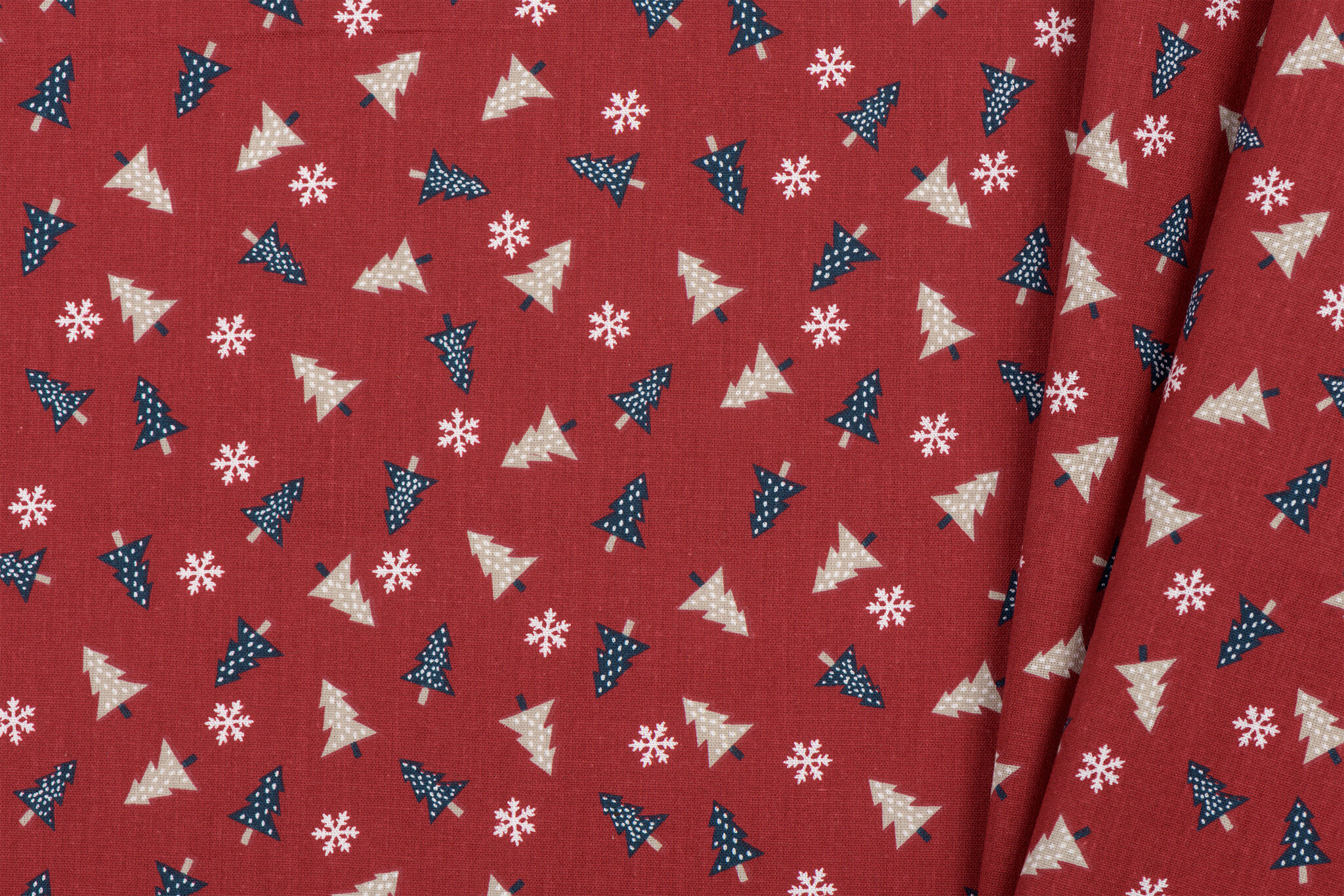 Katoen stof kerstbomen en sterren donker rood
