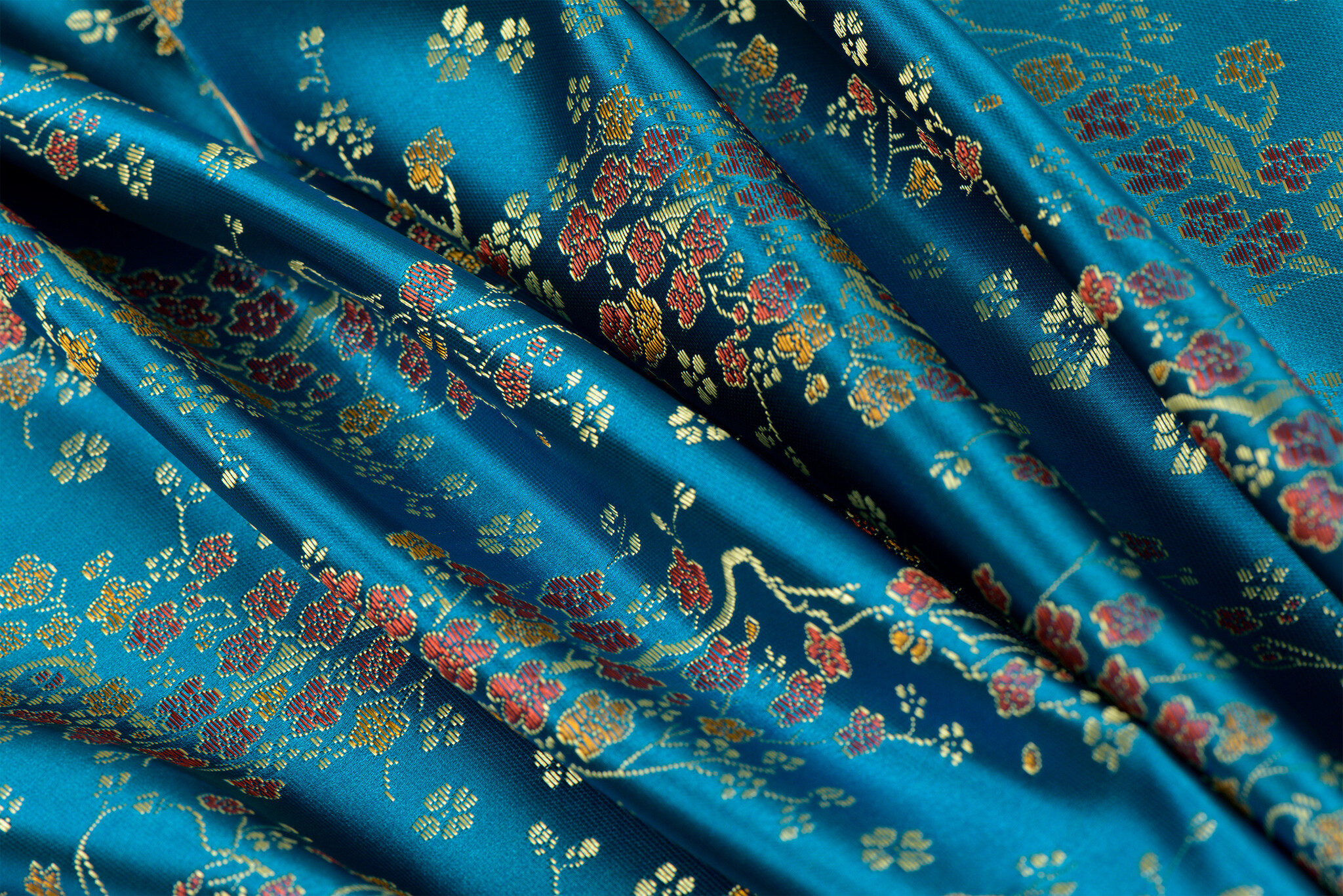 Brokaat Jacquard Stof Daisy Bloemen - Turquoise