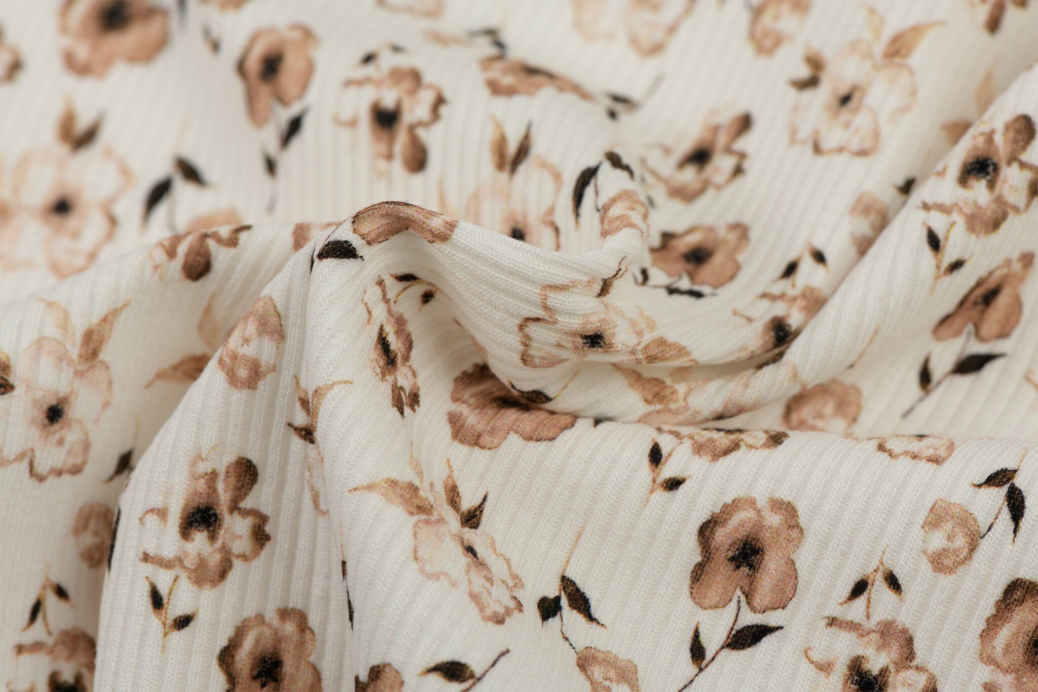 Rib Jersey Stof - Bruine Bloem