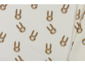 Rib Jersey Stof - Schets Konijnen Ecru