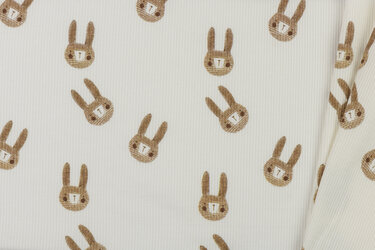 Rib Jersey Stof - Schets Konijnen Ecru