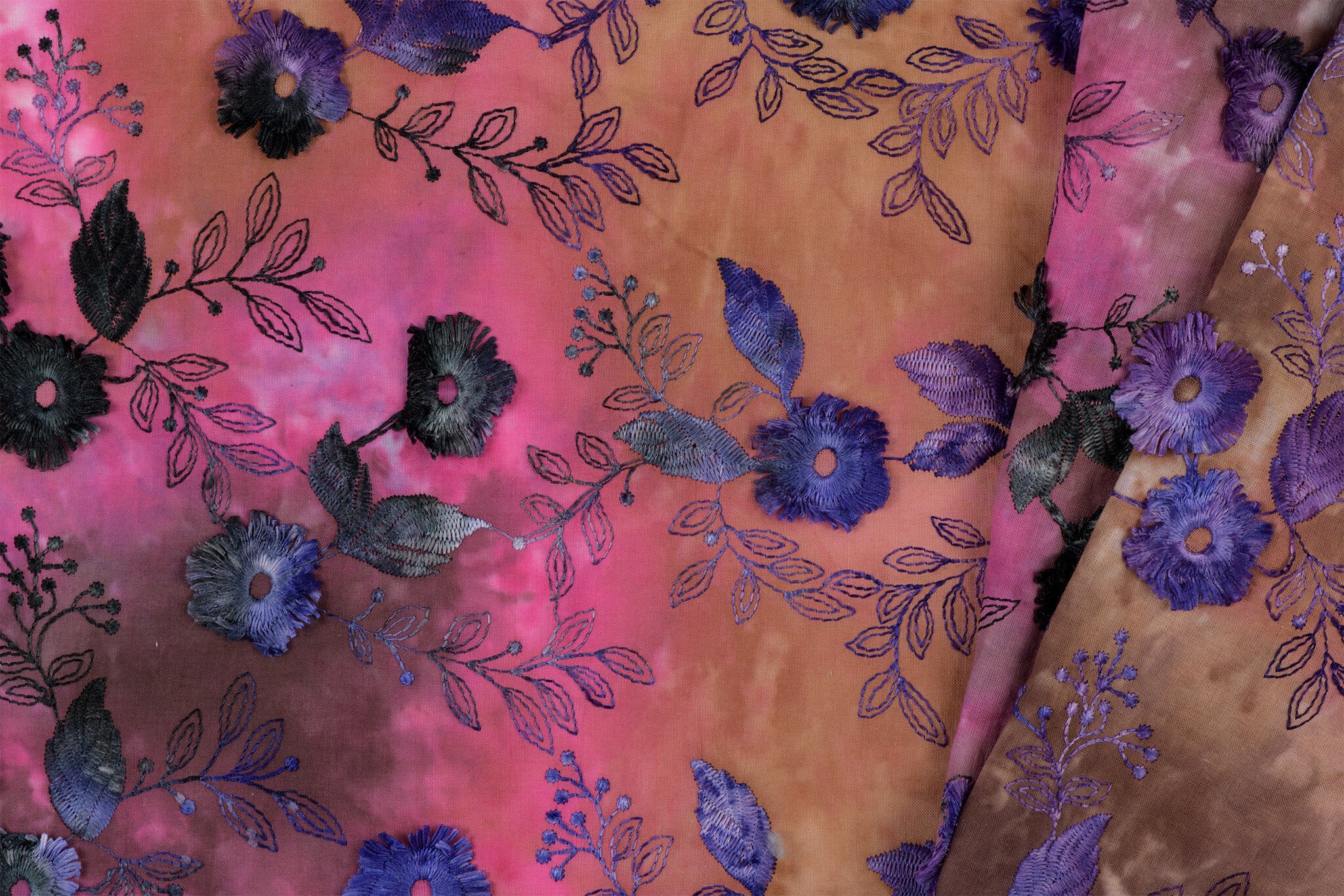 Katoen Embroidery Stof Tie Dye Poppy Flower Earth - Pink