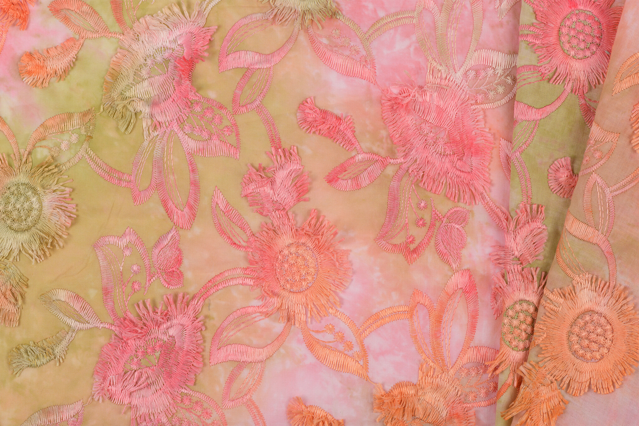 Katoen Embroidery  Stof Tie Dye Swingy Flowers Rose