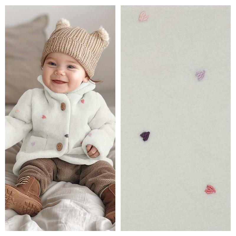 Teddy Stof Embroidery Hartjes Ecru