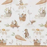 Katoen Poplin Stof - Dieren Droomwereld Wit - Kastanje