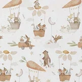 Katoen Poplin Stof - Dieren Droomwereld Wit - Kastanje