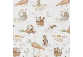 Katoen Poplin Stof - Dieren Droomwereld Wit - Kastanje